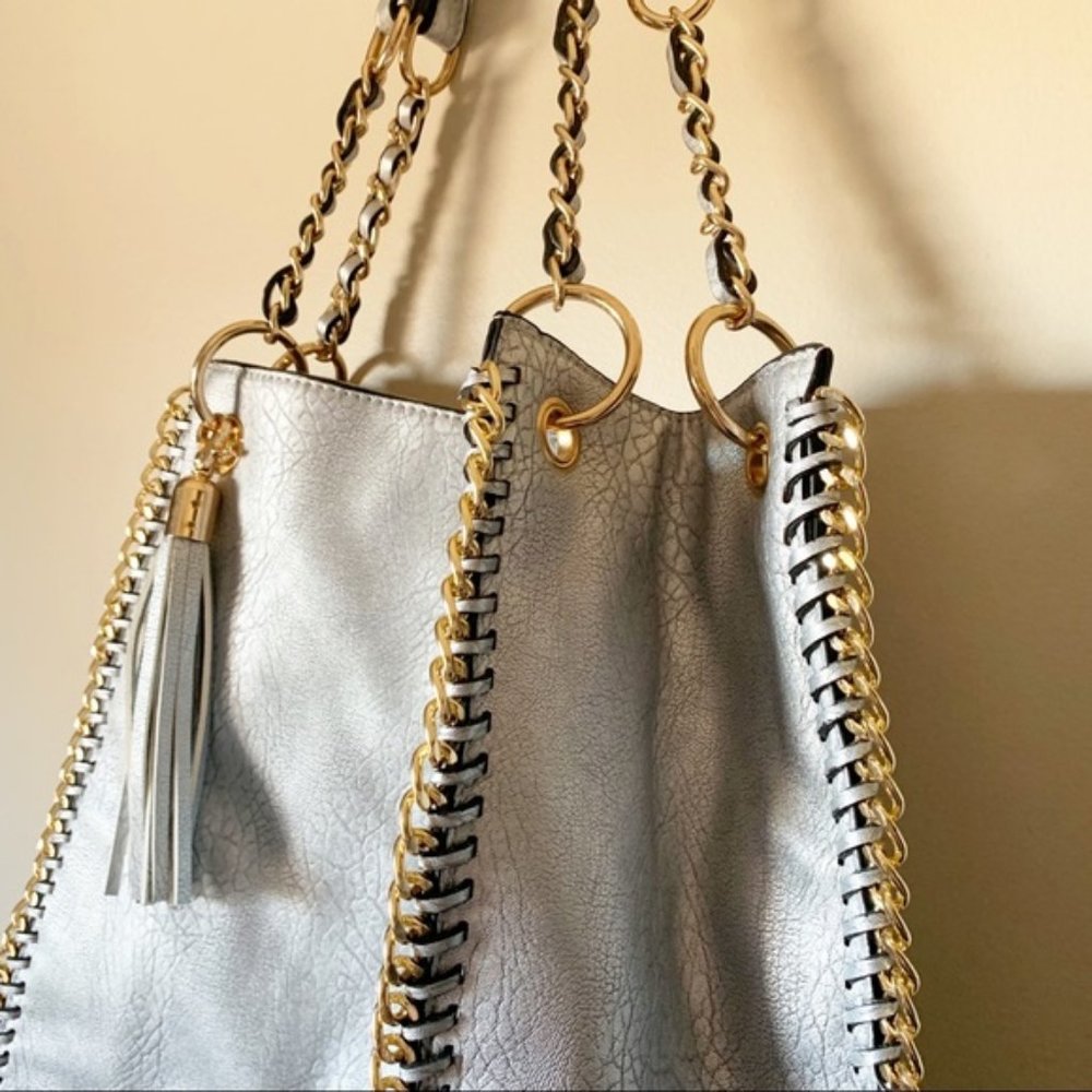 NWOT Silver and Gold Chain Tassel Large Handbag